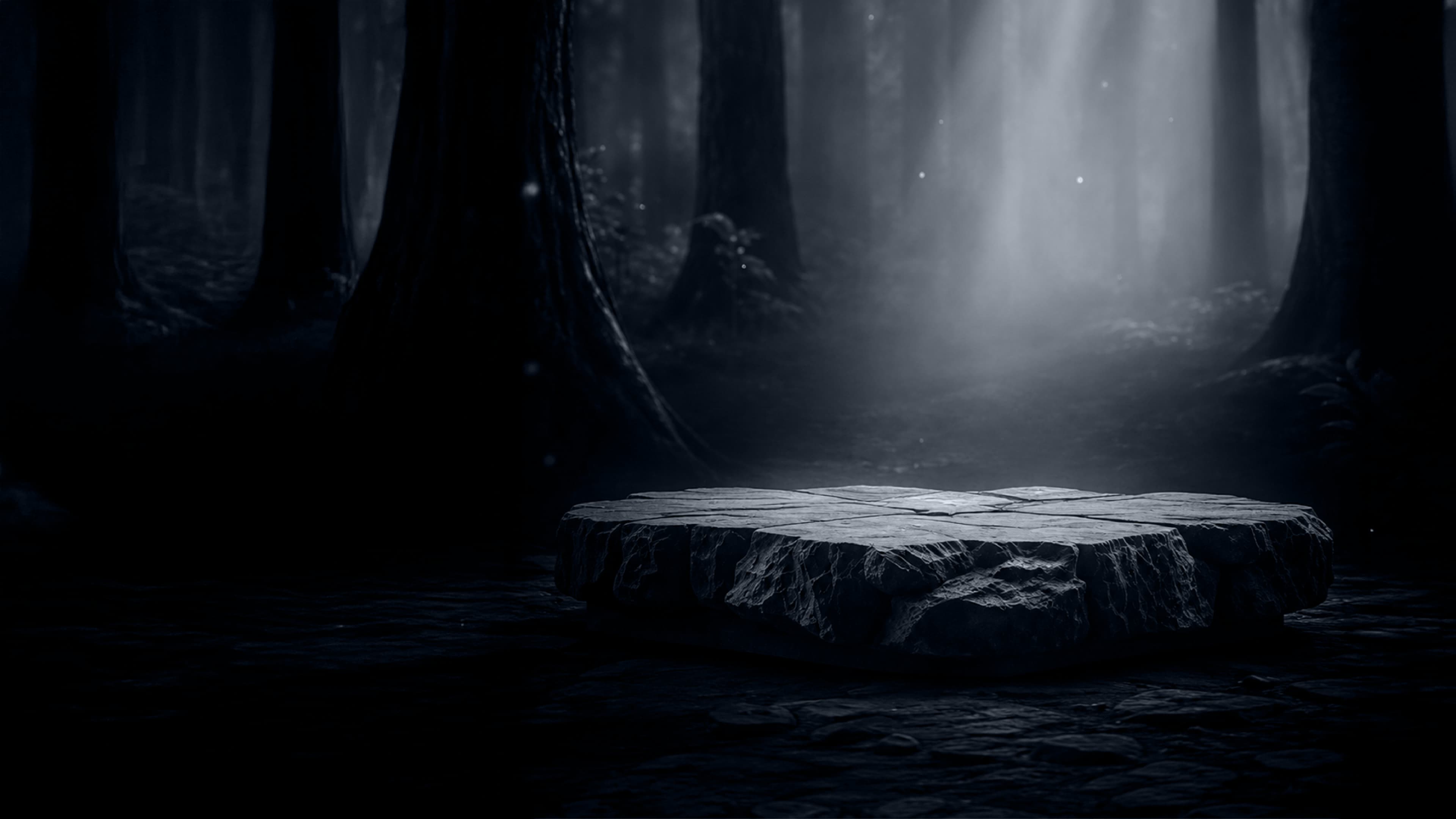 Dark marble studio with draped silk, stone, and a golden light ray